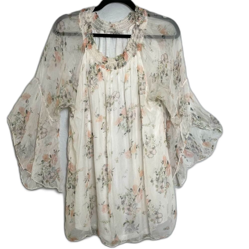 Viola Borghi Italy 100% Silk Floral Blouse XL Bell Sleeve Fairycore Romantic